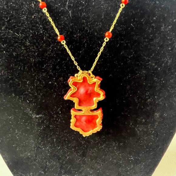 Y2K Joan Rivers Coral Enamel Pendant Necklace Gold Tone Chain Retro Rhinestone - Picture 8 of 13